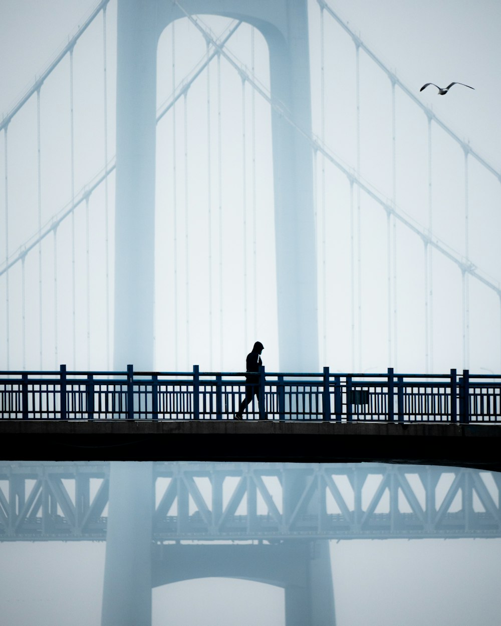 a person walking across a bridge in the fog