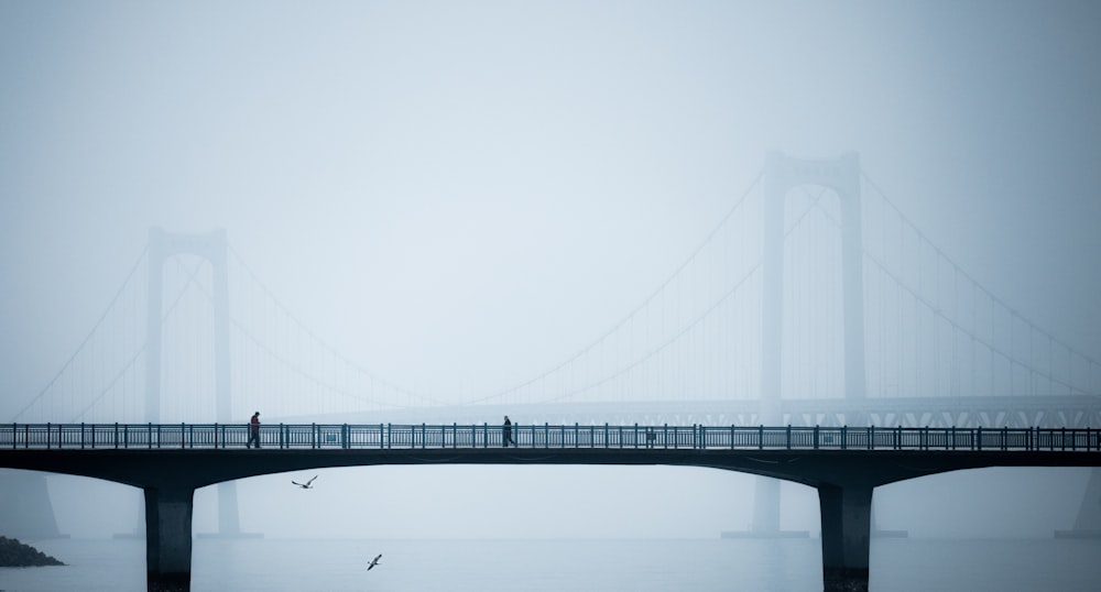 a person walking across a bridge on a foggy day