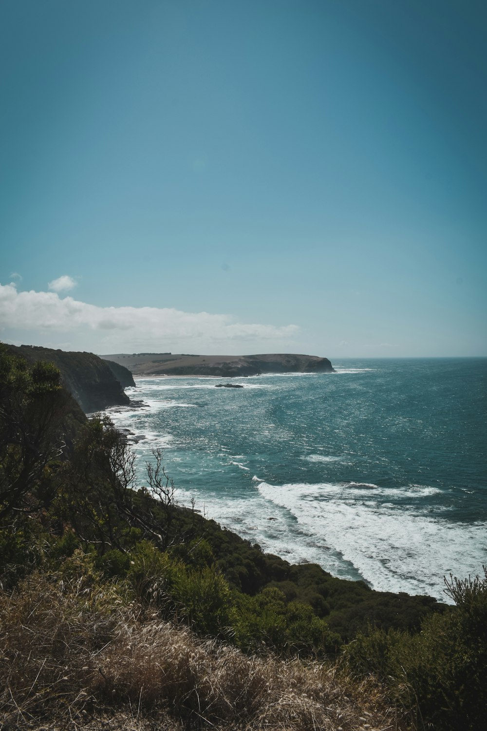 a view of the ocean from the top of a hill