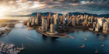an aerial view of a city and a harbor