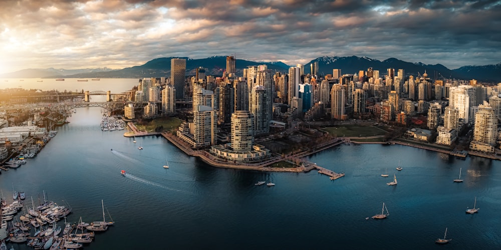 an aerial view of a city and a harbor