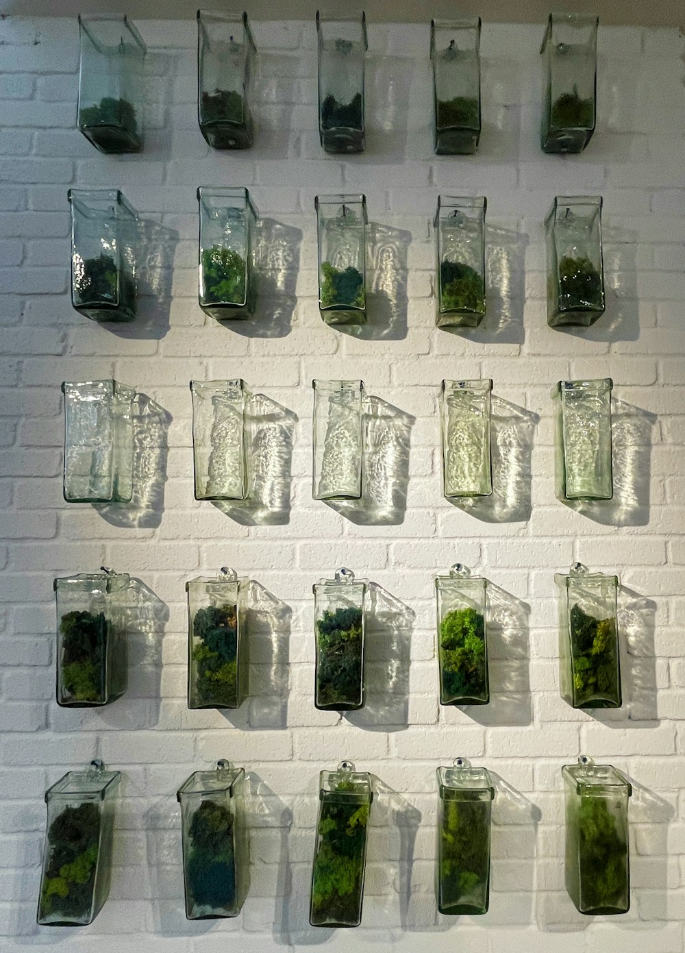 a white brick wall filled with glass jars filled with plants