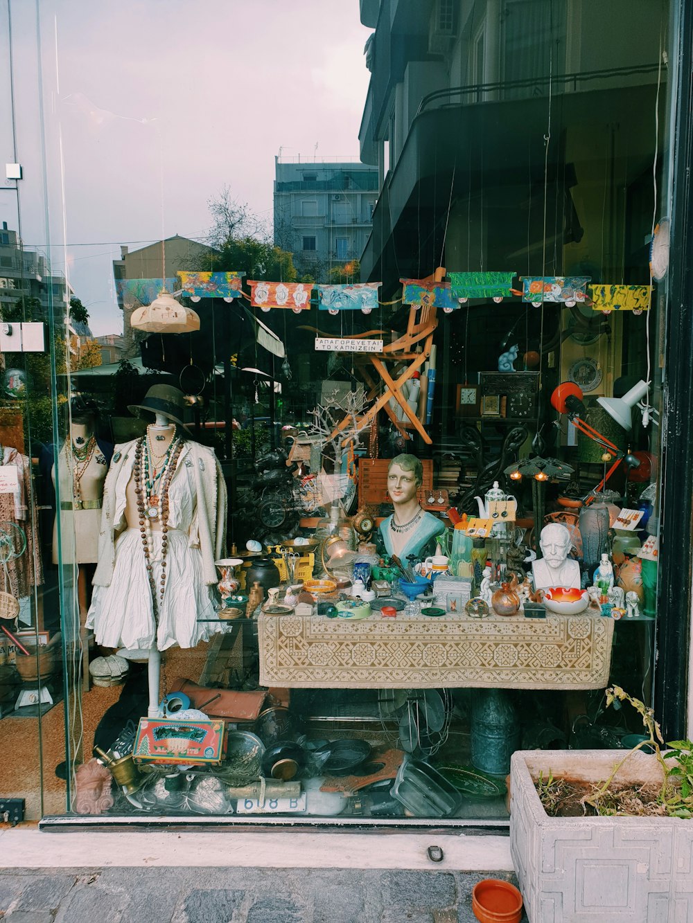 a store window with a display of items in it