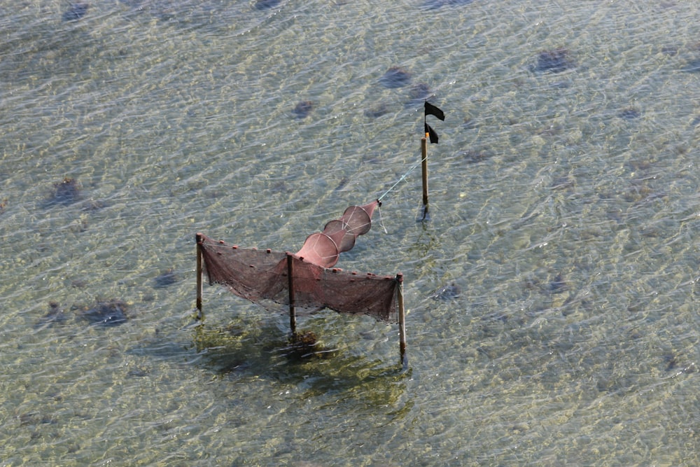 two flags sticking out of the water in the ocean