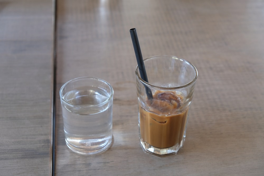 eine Tasse Kaffee und ein Glas Wasser auf einem Tisch