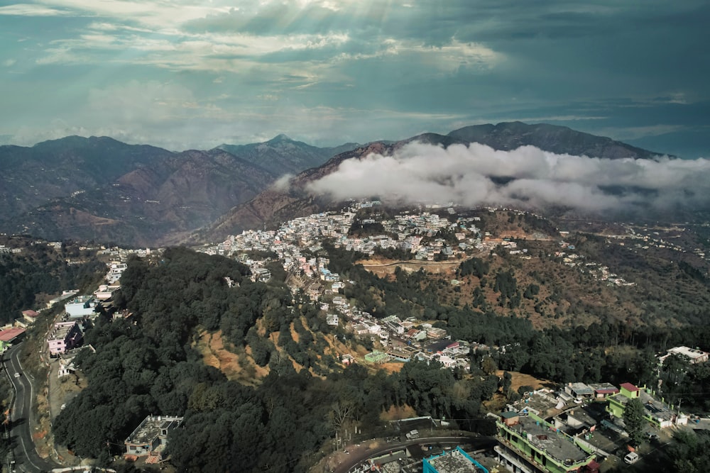 a view of a city from a high up in the sky