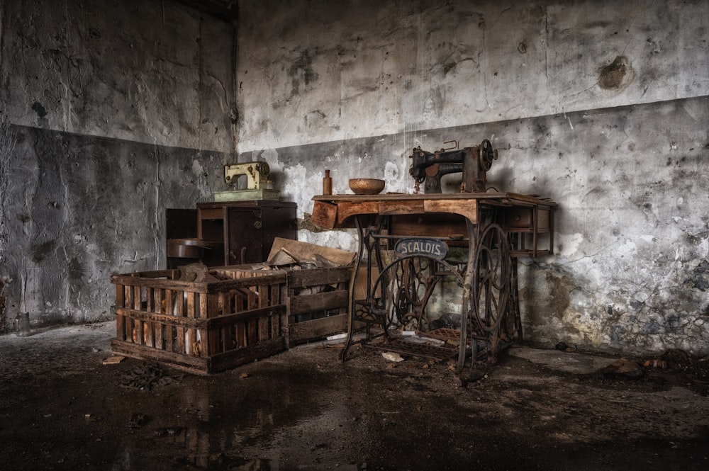 a room with a table and a sewing machine