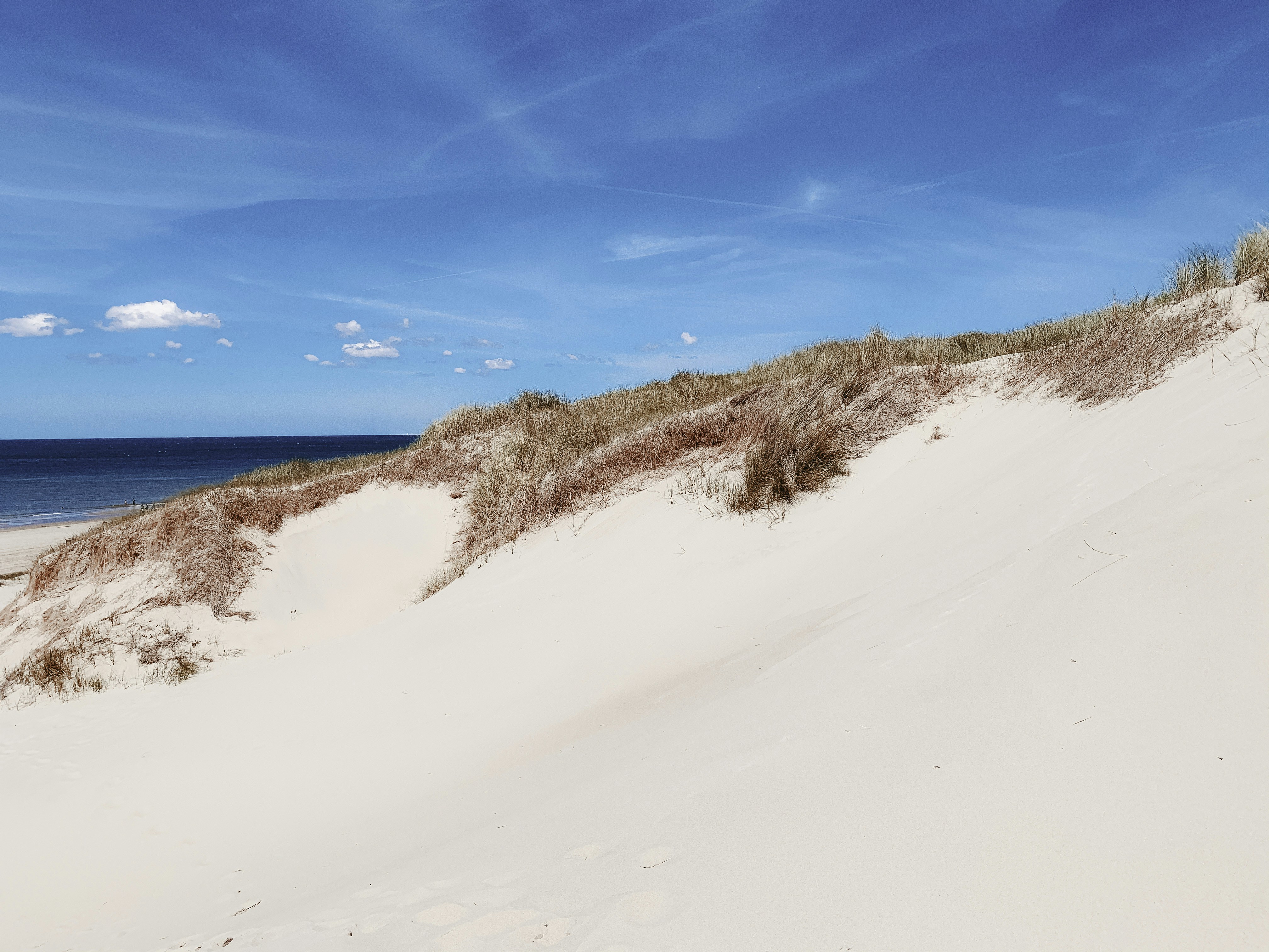 a sandy beach with a blue sky and ocean in the background