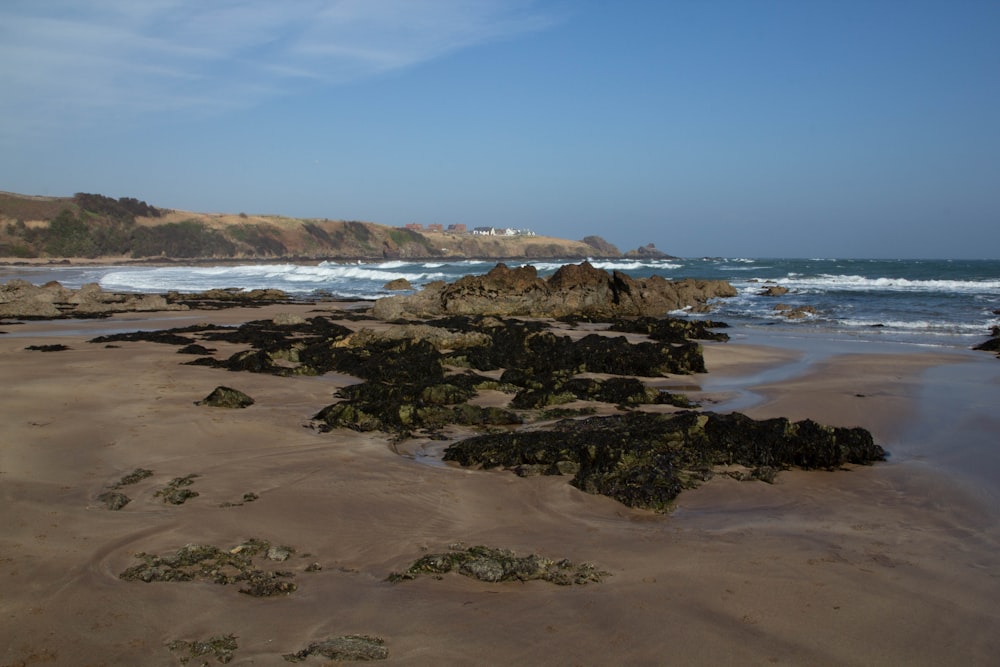 a sandy beach with rocks and water in the background