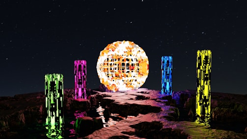 A surreal night scene features a large, glowing spherical object with a mosaic-like surface. Surrounding the sphere are several tall, rectangular pillars, each emitting neon colors: green, pink, blue, and yellow. The ground is a rocky terrain, reflecting the vibrant hues from the pillars and the sphere. The background is a starry night sky, adding a sense of mystique and otherworldliness.