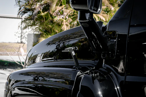 Close-up of a glossy black sports car hood reflecting palm trees after a ceramic coating treatment.