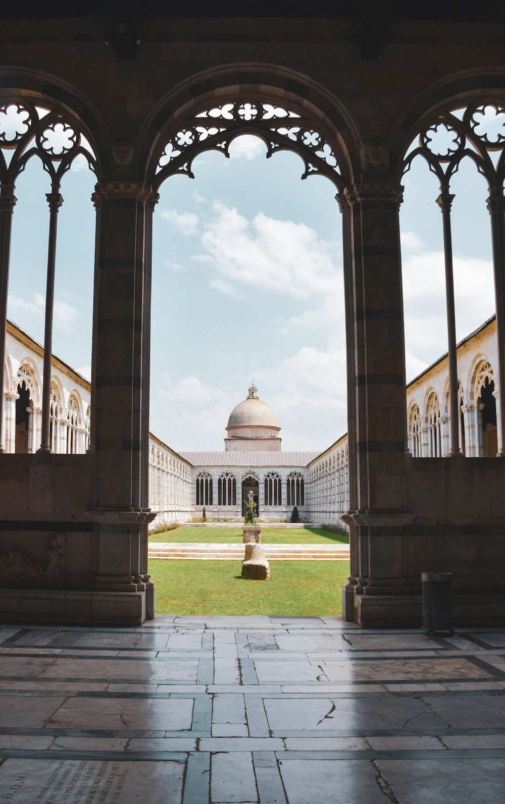 a view of a building through an archway