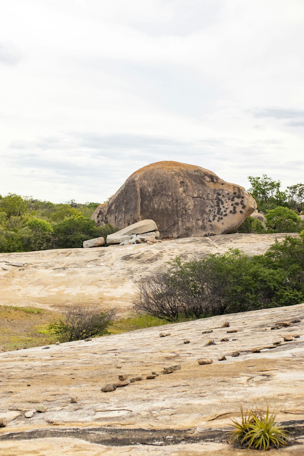 a large rock in the middle of a field