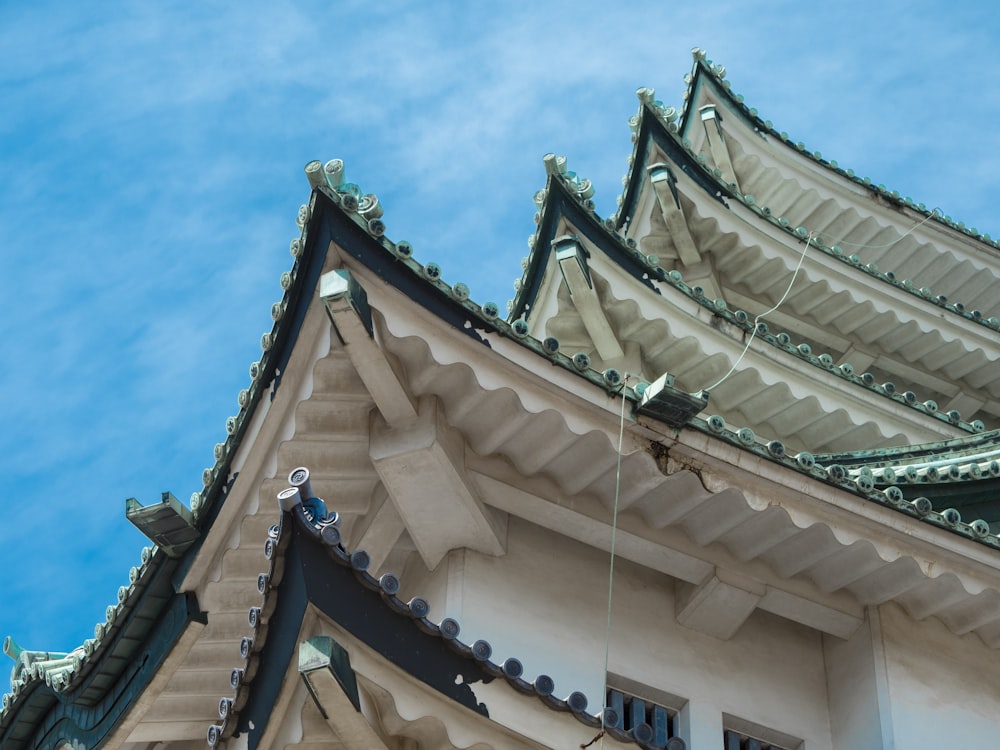 the roof of a building with a blue sky in the background