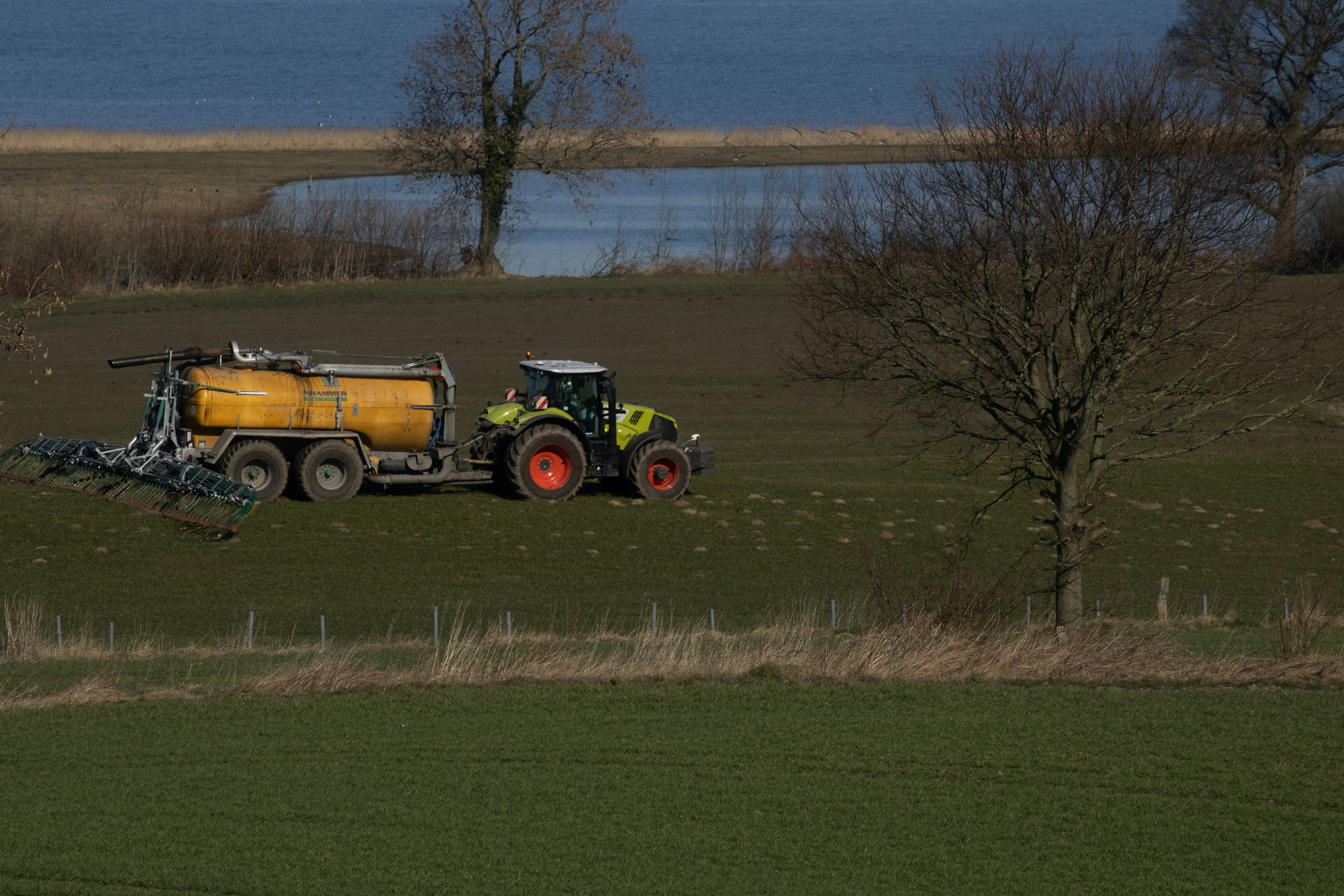 Claas tractor on meadow delivering manure