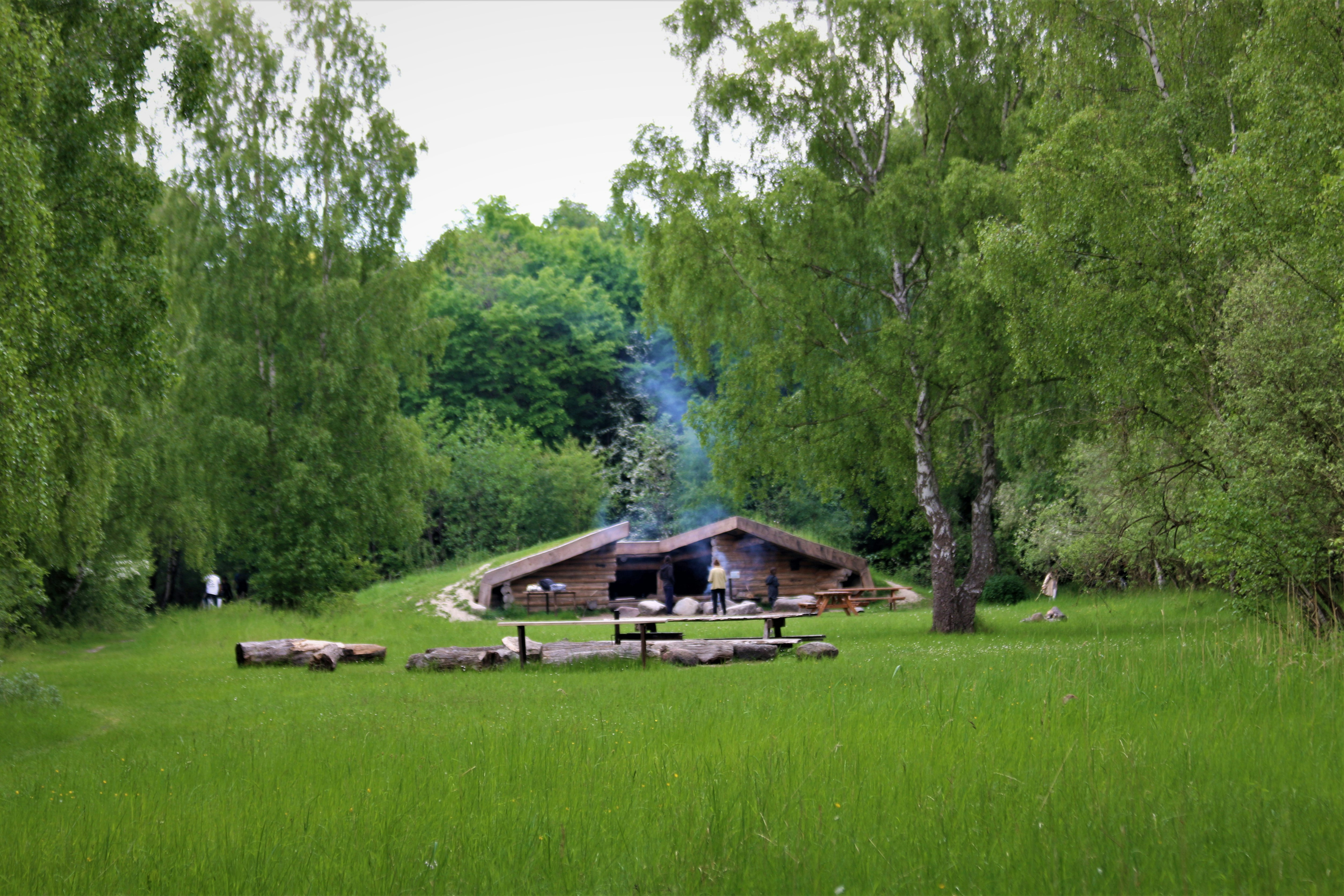 a cabin in the middle of a green field