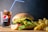 A delicious meal featuring a juicy burger with lettuce, cheese, and tomato, accompanied by a side of golden French fries. Next to the meal is a glass filled with Pepsi and ice, topped with a blue straw. A lemon wedge is also present in the foreground.