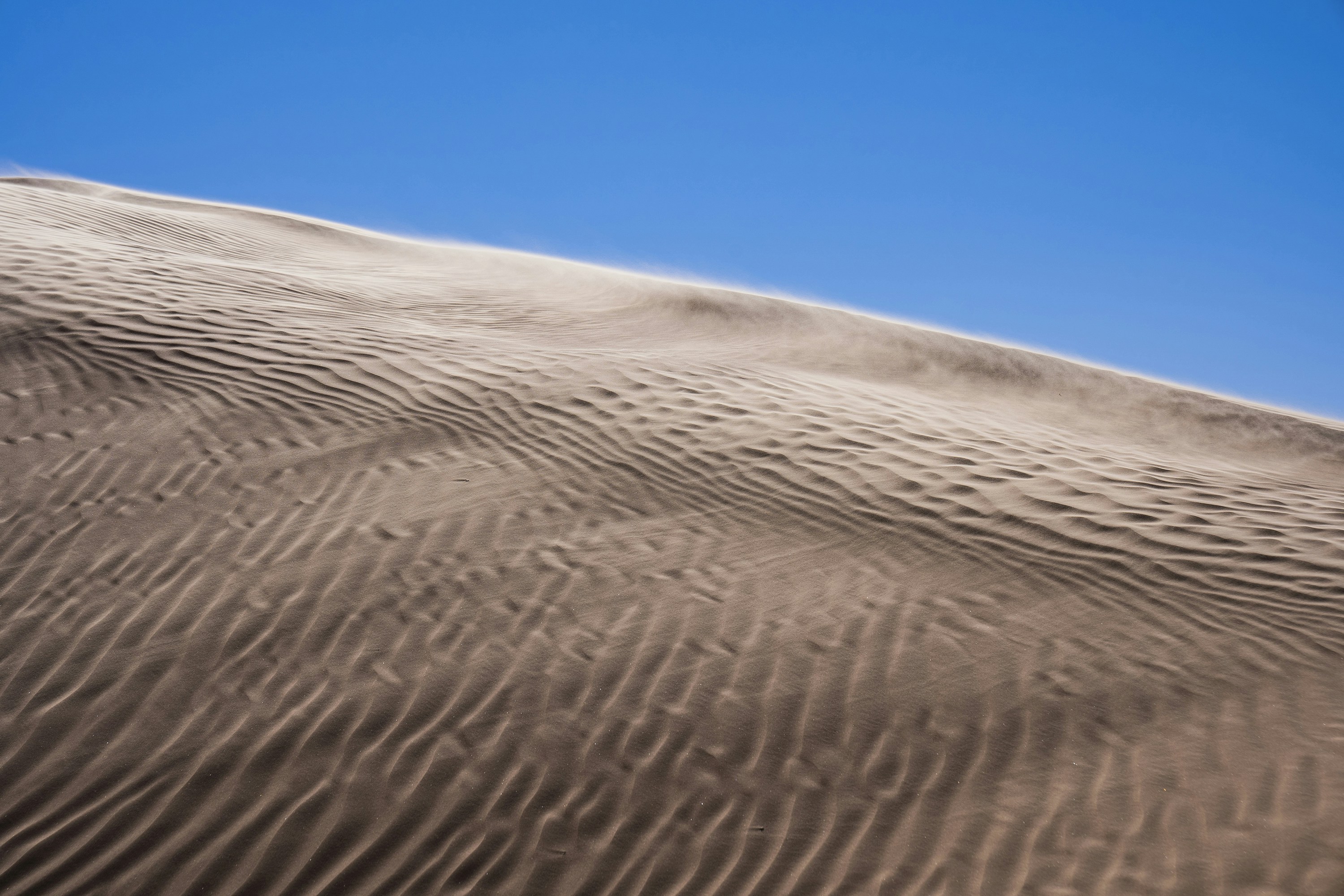 A sand dune with a blue sky in the background