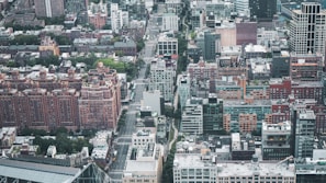 An aerial view of a vibrant urban landscape with diverse structures.
