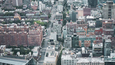 An aerial view of a vibrant urban landscape with diverse architecture.