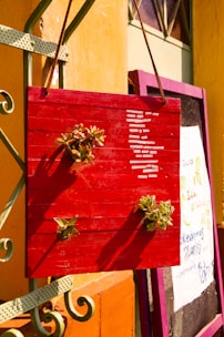 A red wooden sign is suspended from a metal bracket against a vibrantly painted wall. Small succulent plants are attached to the sign, along with lines of white text. There is another sign in the background with some handwritten text and illustrations, framed in purple.