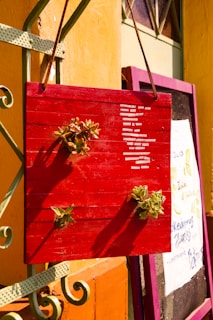 A red wooden sign is suspended from a metal bracket against a vibrantly painted wall. Small succulent plants are attached to the sign, along with lines of white text. There is another sign in the background with some handwritten text and illustrations, framed in purple.