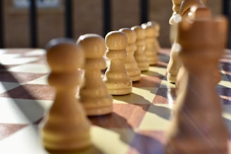 Close-up of hands moving chess pieces on a wooden board, sunlight casting shadows.