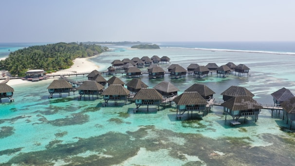 a bunch of huts that are in the water