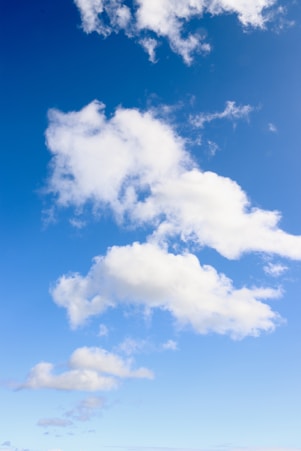 a person standing on a beach with a surfboard under a cloudy blue sky