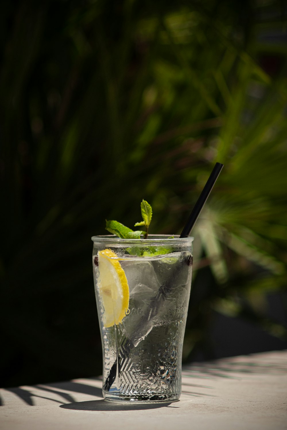 a glass of water with a lemon slice and a straw