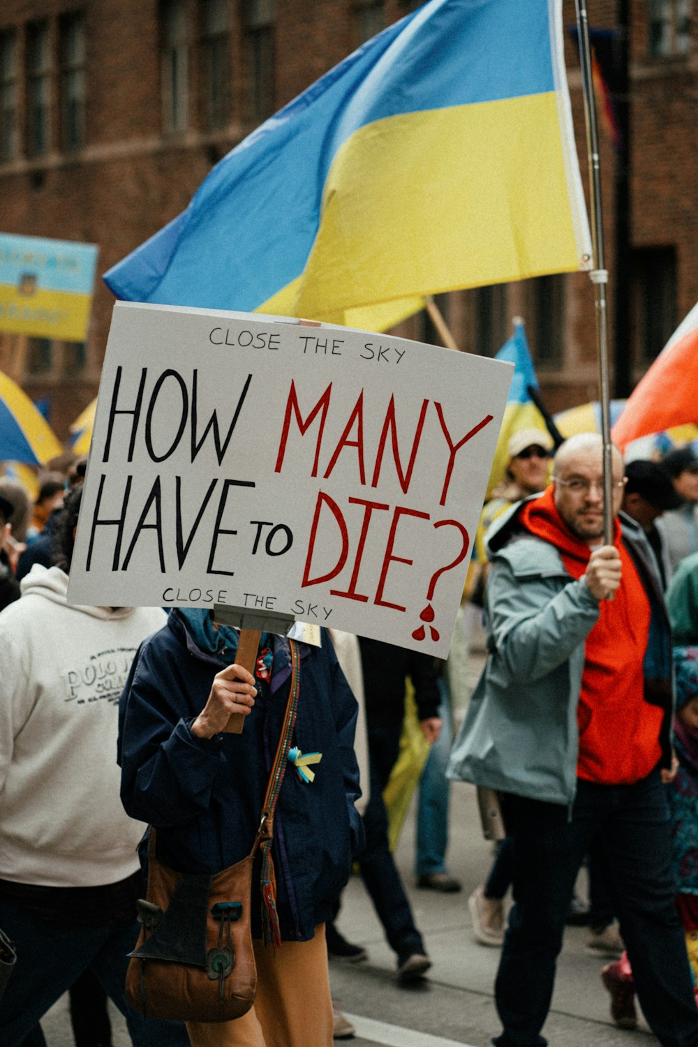 a woman holding a sign that says how many have to die?