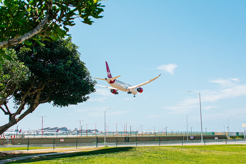 an airplane is flying low over the grass