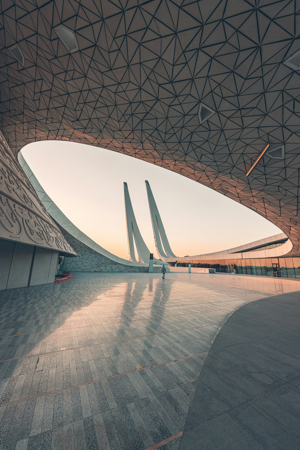 a view of a building from a walkway