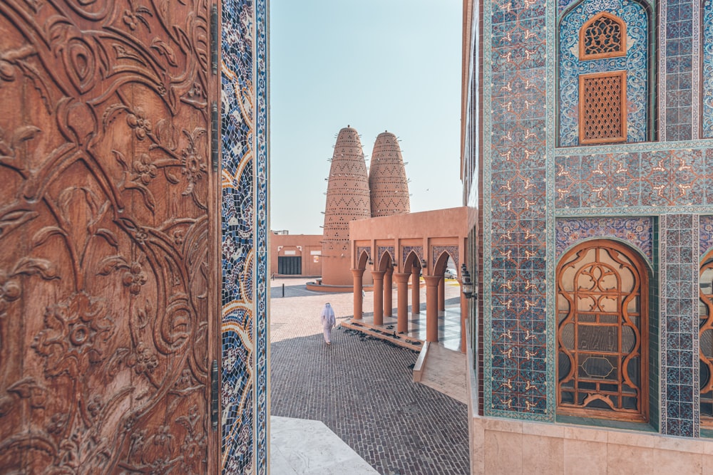 a view of a building through a doorway