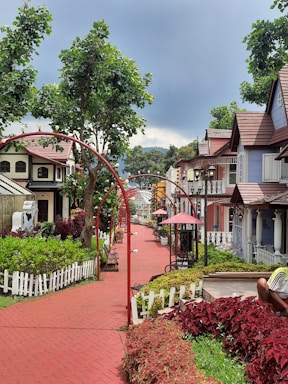 A picturesque street lined with elegant houses.