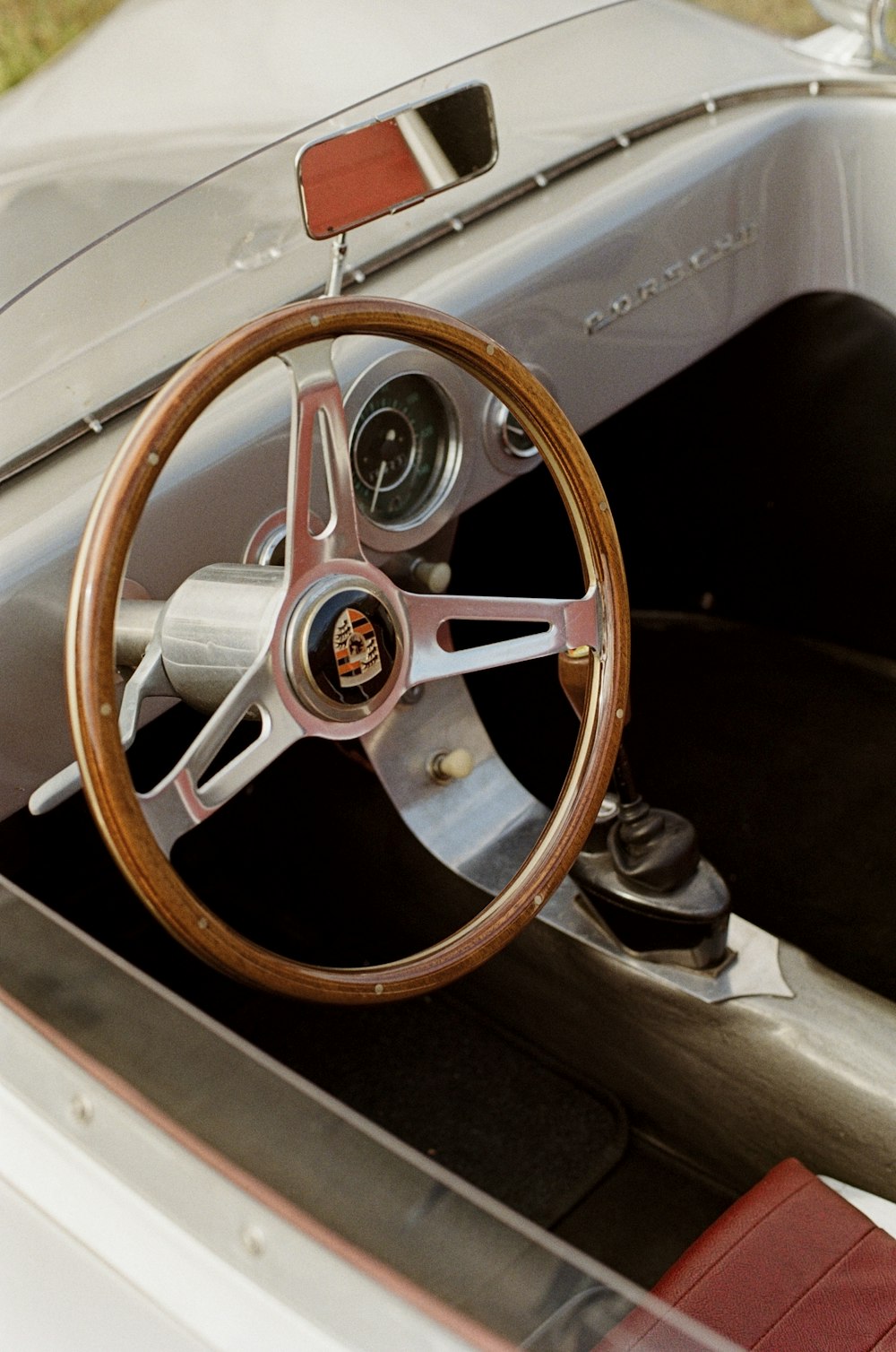 the interior of a car with a steering wheel