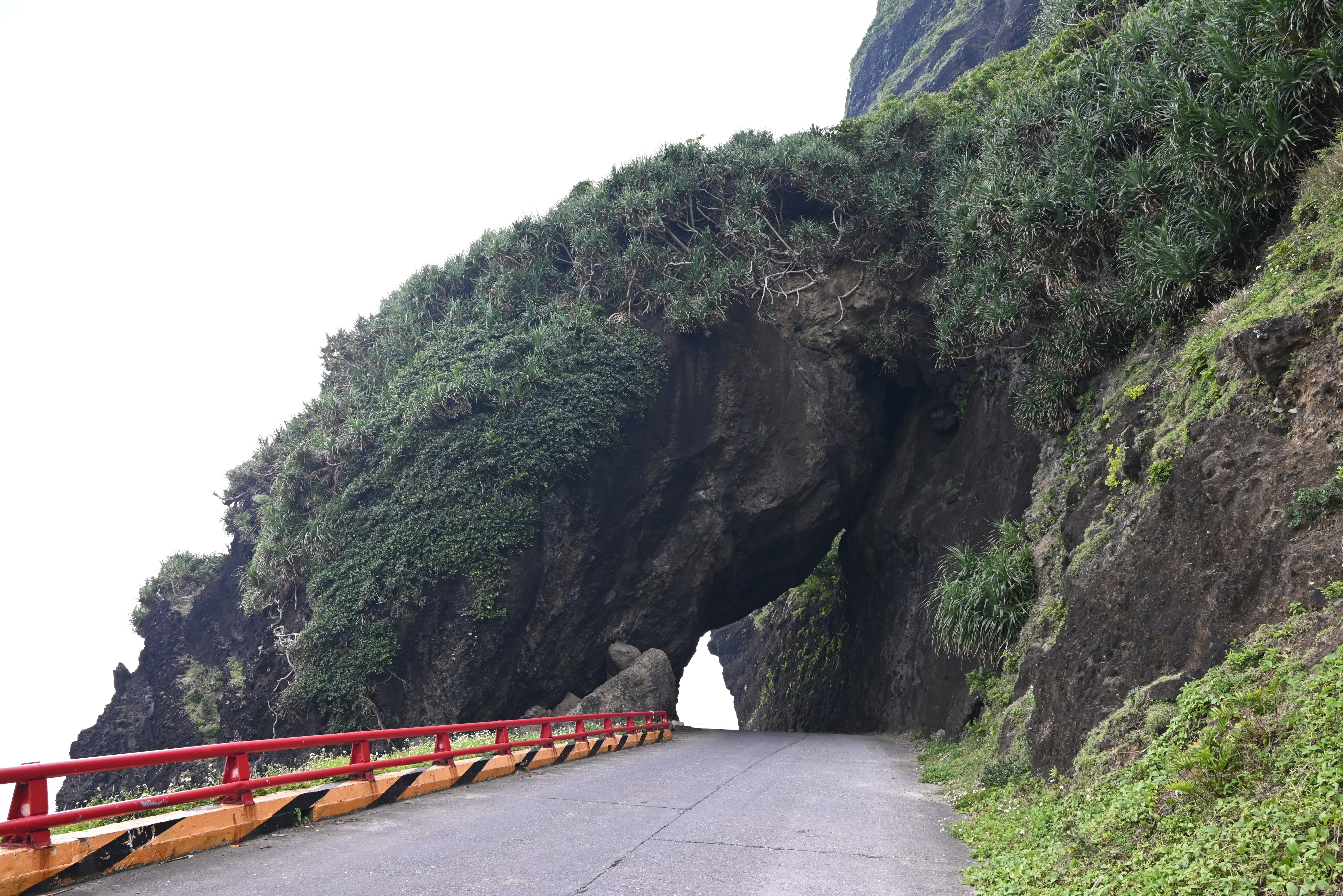 a road with a red railing going into a cave