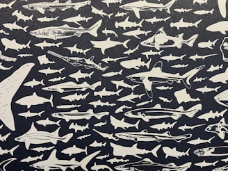 Various species of sharks are illustrated in a repeating pattern against a black background. The sharks are depicted in white, some with detailed features while others are simple silhouettes.