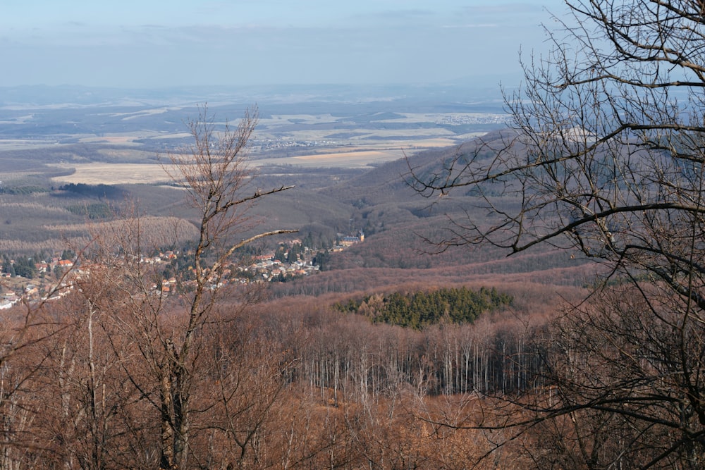 a view of a town in the distance from the top of a hill