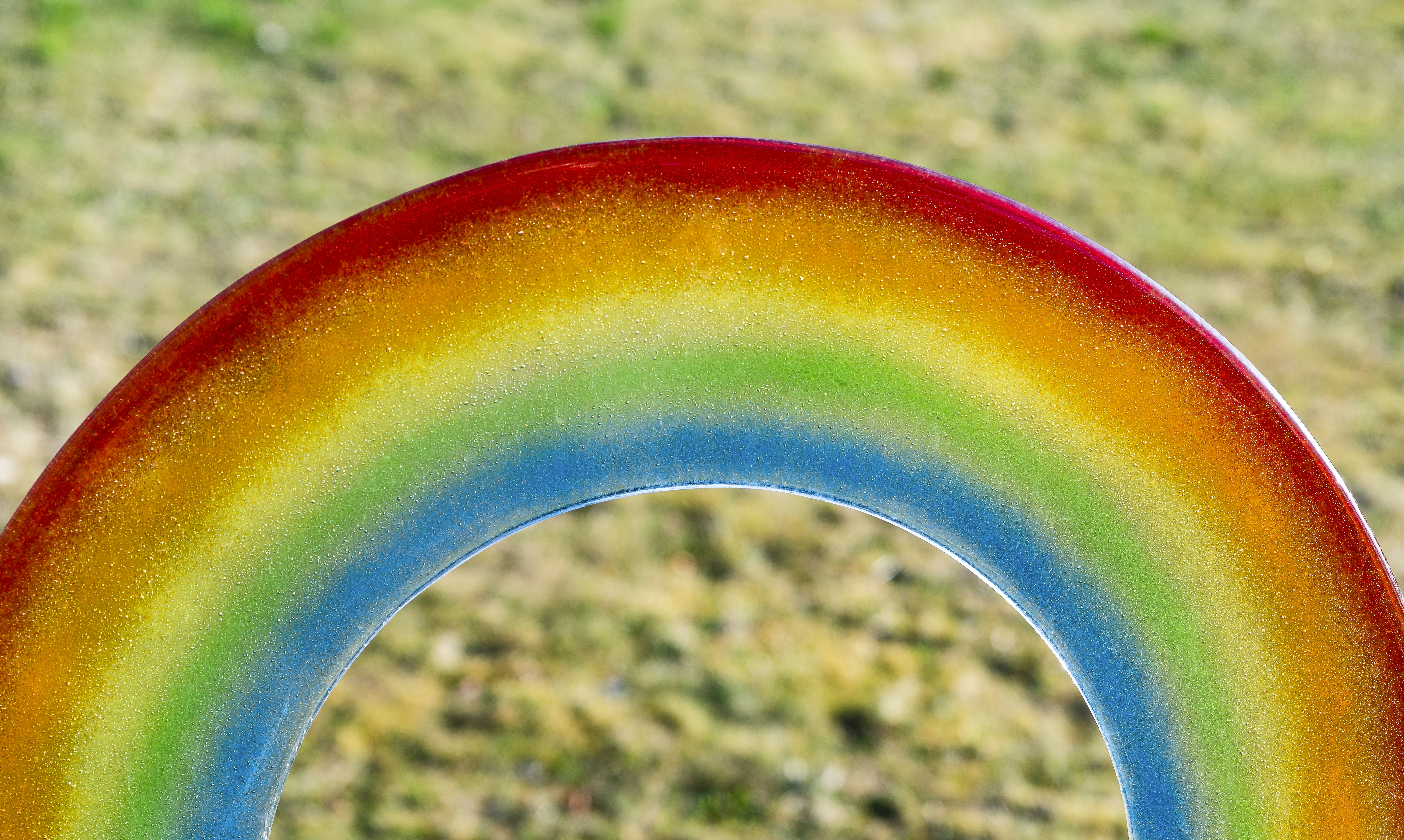 a close up of a rainbow colored object in the grass