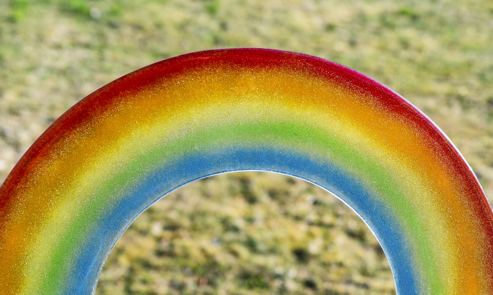 a close up of a rainbow colored object in the grass