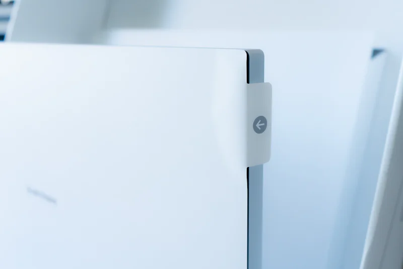 Close up of a white refrigerator door