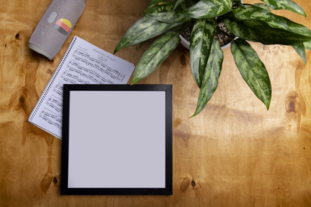 a wooden table topped with a plant and a picture frame