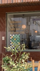 A storefront window displays a list of names or phrases like MOHEGANSUN, AU PETIT SALUT, THREE BAGS FULL, and THE GRAIN STORE in bold yellow lettering. Below these, there is a decorative element featuring a checkered pattern with green leaves and smiling yellow faces. In front of the window, green leafy plants partially obscure the view.