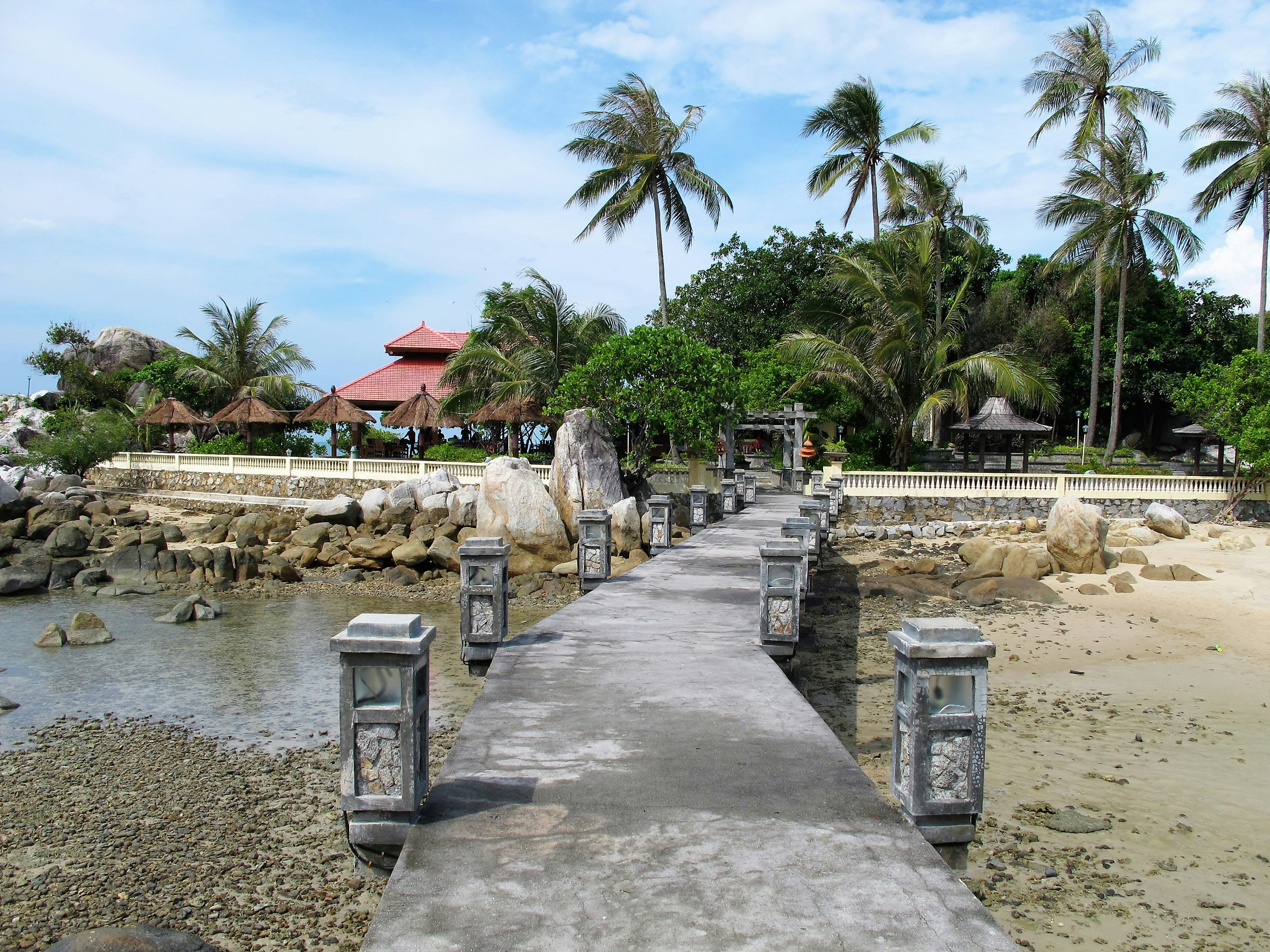 a walkway leading to a beach with palm trees in the background