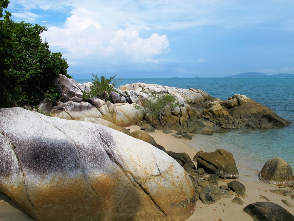 a large rock sitting on top of a sandy beach