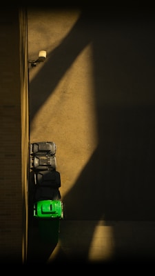 Aerial view of a lineup of garbage bins against a brick wall. One green bin stands out among several black bins. A security camera is mounted on the wall. Shadows create diagonal patterns across the ground, suggesting sunlight from a specific angle.