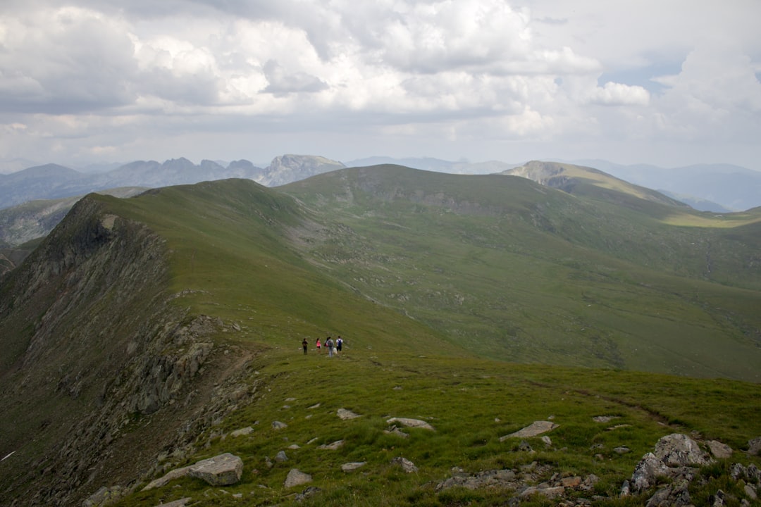 a group of people hiking up the side of a mountain,
