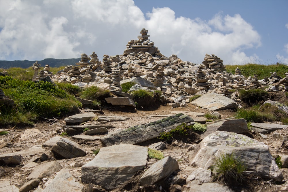 a pile of rocks sitting on top of a lush green hillside