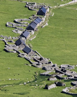 A series of stone cottages with dark roofs are nestled within a lush green landscape. The buildings are surrounded by intricate stone walls and pathways, creating a sense of isolation and historical ambiance.